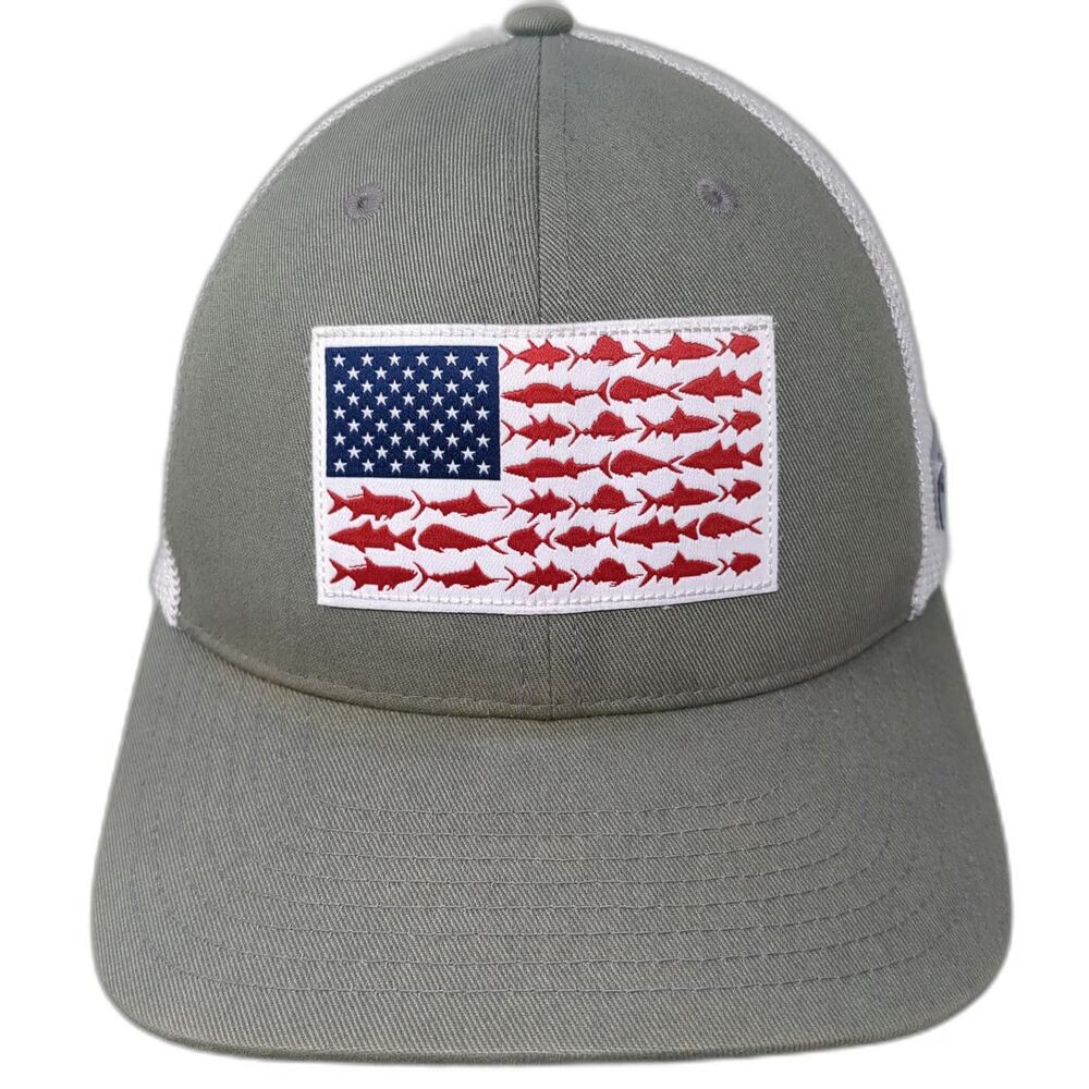 Columbia Baseball Cap Gray White One Size Mesh Back American Flag Fish PFG Hat